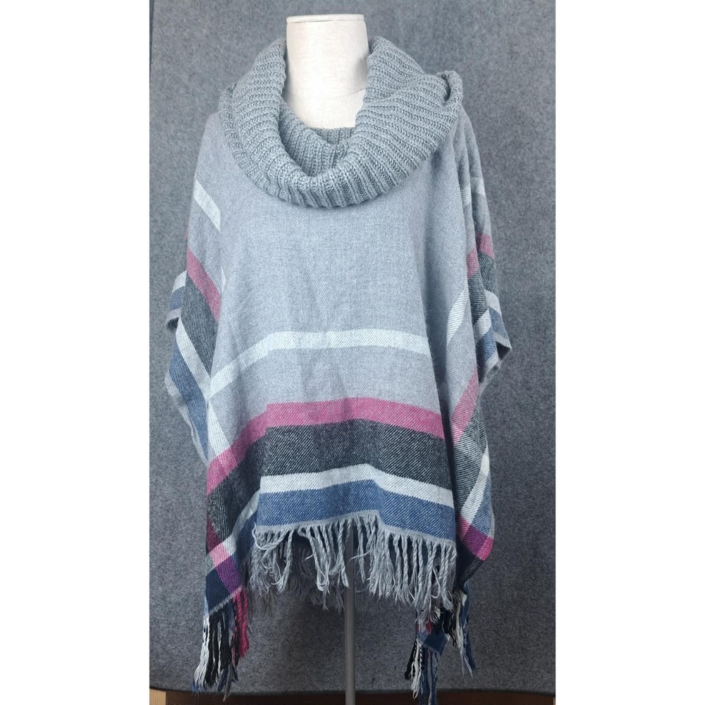 Womens V. FRAAS‎ Plaid Poncho Sweater with Cowl Collar Multicolor One Size